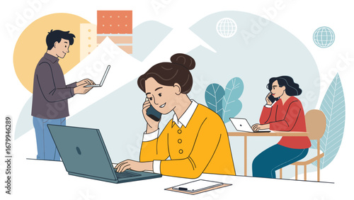 Professionals collaborating and communicating in a modern work environment, utilizing laptops and phones for business, remote work, or customer service.