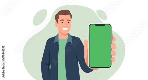 Smiling man presenting a modern smartphone with a green screen. Ideal for app showcases, digital marketing, or technology concepts.