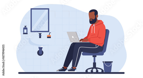 Man working on a laptop from an unconventional bathroom setting, illustrating remote work, flexibility, and modern digital lifestyle.