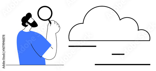 Person holding magnifying glass inspecting cloud. Ideal for online storage, data analysis, cloud computing, research, digital solutions, innovation, simple landing page