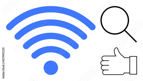 Blue wireless signal icon, magnifying glass for search, and a thumbs-up for approval. Ideal for technology, internet, communication, research, network access, signal strength and a simple landing
