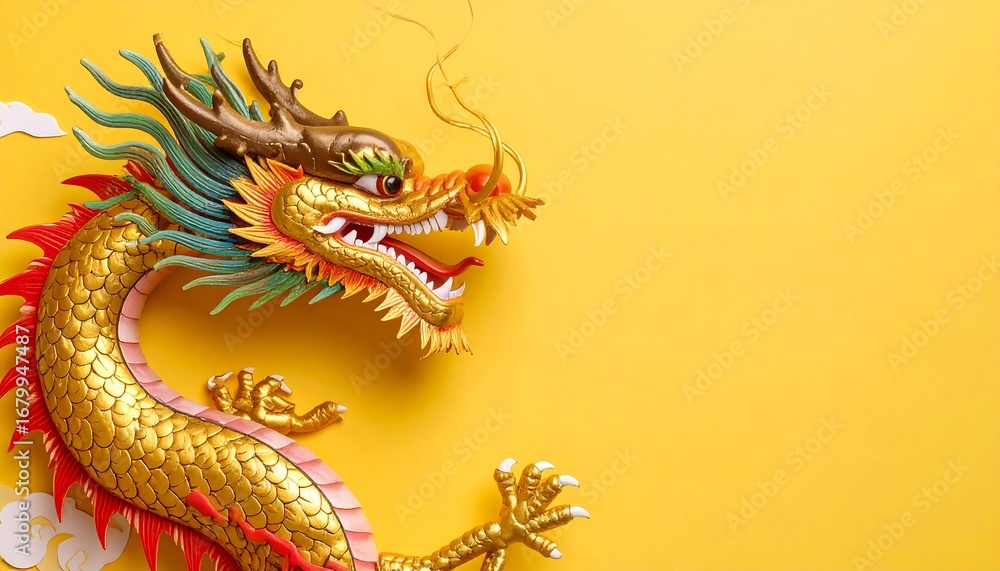 Obraz premium A golden dragon figurine with vibrant colors and detailed scales is displayed against a vibrant yellow backdrop.