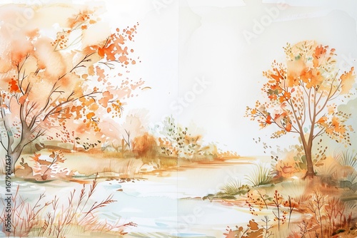 Autumn landscape with colorful trees and gentle hills at sunrise. Watercolor illustration 