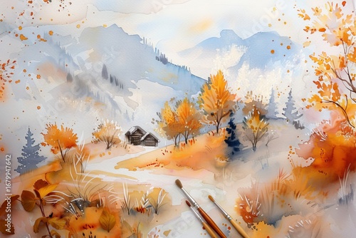 Beautiful autumn landscape with a winding path and a cozy cabin in the mountains. Watercolor illustration with paints and brush on canvas.