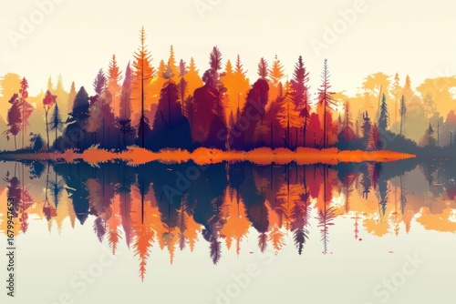 Vibrant autumn landscape reflecting on a calm lake with trees in warm hues at dawn. Watercolor illustration