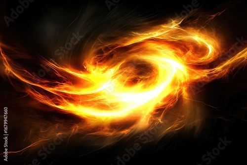 A swirling vortex of fiery, luminous energy, predominantly orange and yellow, against a dark background. The energy appears to flow and twist, creating a dynamic, almost abstract composition