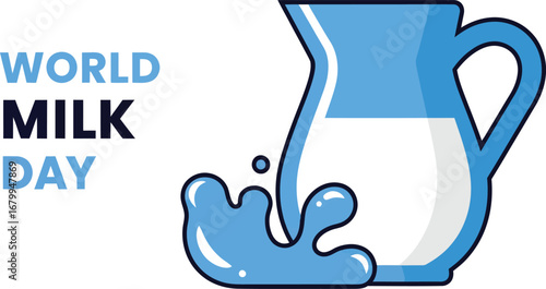 Illustration for World Milk Day, featuring a blue pitcher with milk and a splash of water.