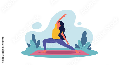 Woman practicing a yoga pose outdoors on a mat, demonstrating flexibility and balance. Represents a healthy lifestyle, wellness, and fitness.