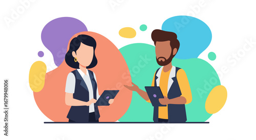 Two business professionals, a man and a woman, collaborate using tablets in a modern, illustrative setting. Ideal for themes of teamwork, digital communication, and innovation.