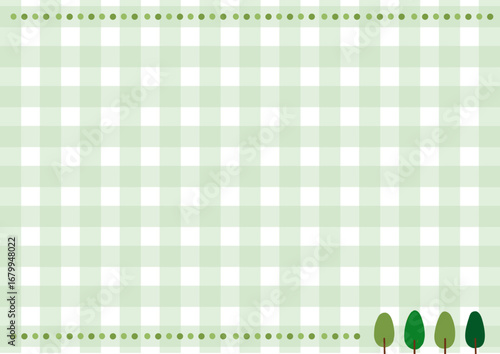 かわいい植物とタータンチェック柄の背景フレーム　緑