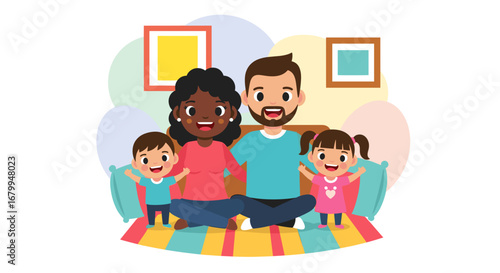 Happy diverse family, parents and two children, sitting together in a cozy home setting. Represents love, unity, and modern parenthood.