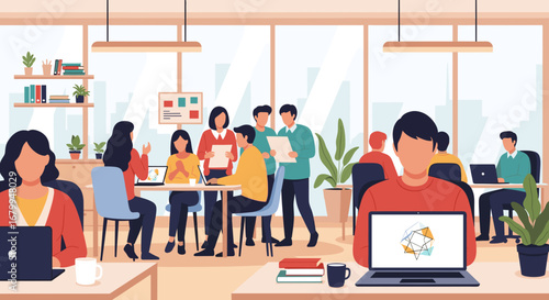 Diverse team collaborating and working diligently in a modern, bright open-plan office, representing business productivity, innovation, and teamwork.