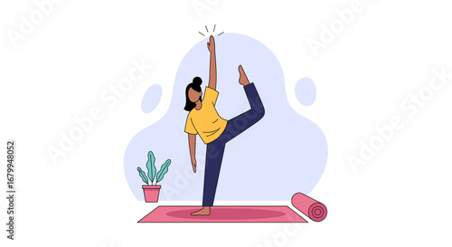 Female doing yoga on a mat, demonstrating flexibility and balance. Represents health, fitness, and a serene lifestyle.