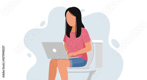 Woman multitasking on a laptop while sitting on a toilet, illustrating remote work, flexible lifestyle, or continuous connectivity. Concept of informal work habits.