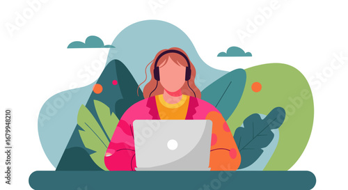 Illustration of a woman in headphones working remotely on a laptop with a vibrant, nature-inspired background. Ideal for themes of online education, flexible work, and modern lifestyle.