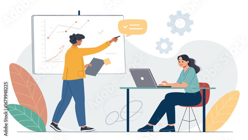Two professionals in a modern office, one presenting data on a whiteboard while the other works on a laptop. Ideal for business, education, and team collaboration concepts.