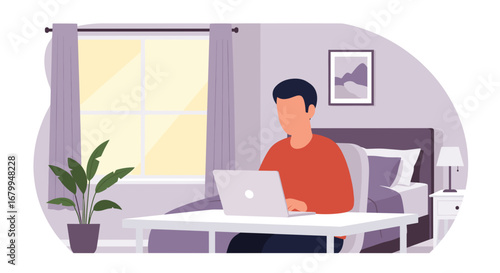 Man working remotely on a laptop in a comfortable bedroom setting, illustrating flexible work, online education, or personal projects from home.