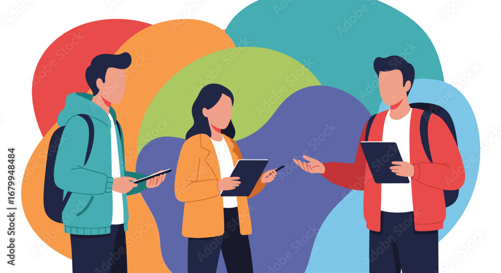 Fototapeta premium Three people collaborate and communicate using digital tablets and phones. Ideal for modern learning, teamwork, business, or lifestyle concepts.