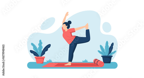 Woman practicing yoga in a serene setting, performing a balanced pose on a mat. Illustrates wellness, mindfulness, and healthy lifestyle for fitness, relaxation, and self-care concepts.