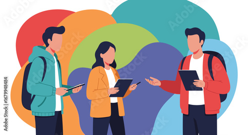 Three people collaborate and communicate using digital tablets and phones. Ideal for modern learning, teamwork, business, or lifestyle concepts.