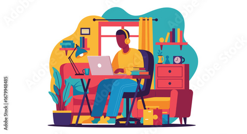Abstract illustration of a person wearing headphones and working diligently on a laptop at a colorful home desk. Represents remote work, productivity, and modern lifestyle.