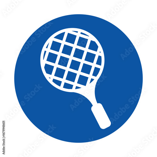 Graphic of Tennis Racket Icon in Blue Circle Design for Sports Use