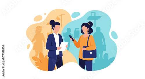 Professional women in a modern illustration, one with documents, the other with a smartphone, depicting business communication, networking, and urban interaction.