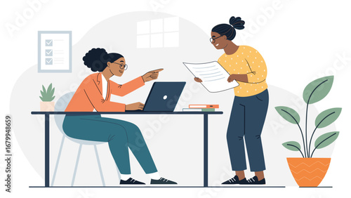 Two diverse women collaborate in a modern office, discussing a project on a laptop. Ideal for business, teamwork, and professional partnership concepts.