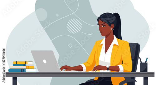 A focused Black businesswoman works diligently on her laptop at an office desk. Perfect for themes of productivity, remote work, education, and professional development.