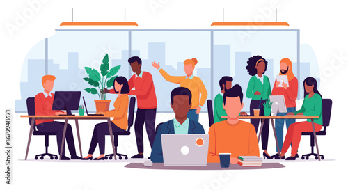 Diverse team collaborating in a modern office, showcasing teamwork, productivity, and a professional work environment for business concepts.