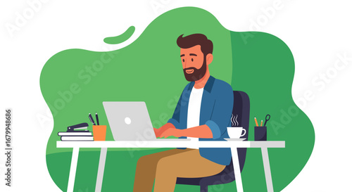 Bearded man working efficiently on a laptop at his desk, engaged in remote work or online business. Ideal for concepts of productivity and modern office life.