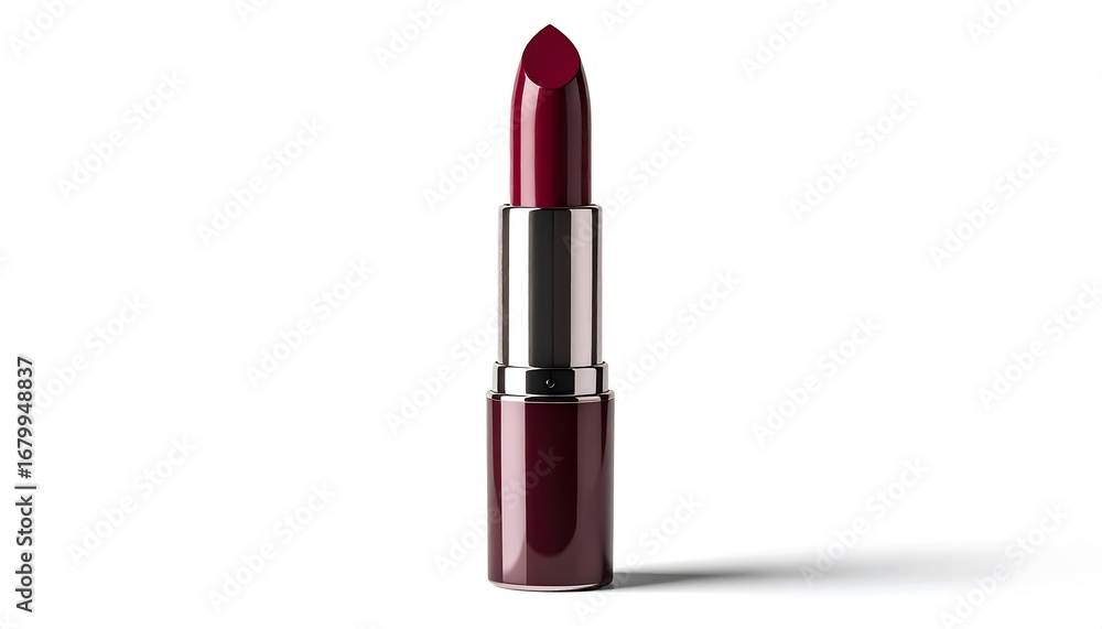 Obraz premium A glossy maroon lipstick tube stands tall against a plain white background, showcasing a rich deep crimson hue.