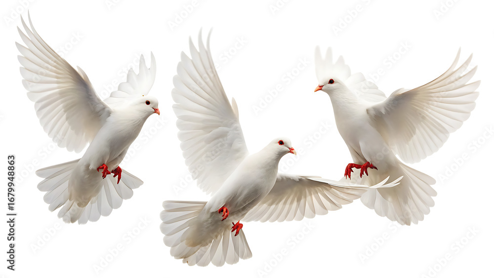 Obraz premium Three white doves flying with wings spread against a plain white background in a studio shot