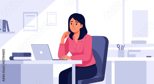 A worried young woman sits at her office desk, looking stressed while working on a laptop. Illustrates business pressure, anxiety, and remote work challenges.