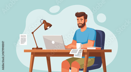 Bearded man focused on laptop at home desk, symbolizing remote work, online learning, or digital business. Ideal for modern lifestyle and productivity concepts.