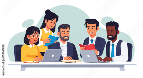 Diverse business team collaborating in a professional meeting, discussing ideas and working together. Concept of teamwork, education, and corporate partnership.