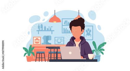 Person focused on laptop in a stylish cafe or home office, representing remote work, online learning, and modern digital lifestyle. Perfect for business and technology themes.