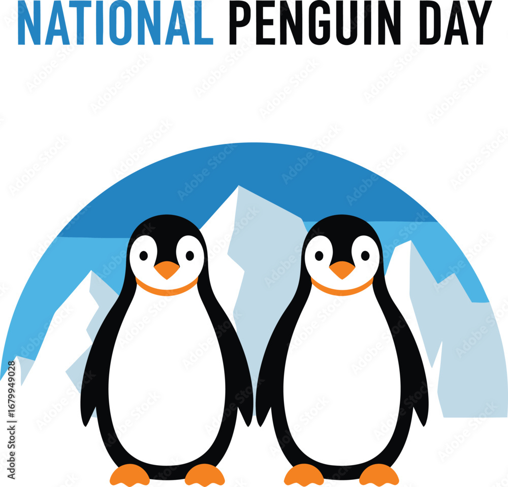 Obraz premium National Penguin Day greeting card, cute penguin couple in Antarctic landscape, flat vector illustration for winter wildlife awareness