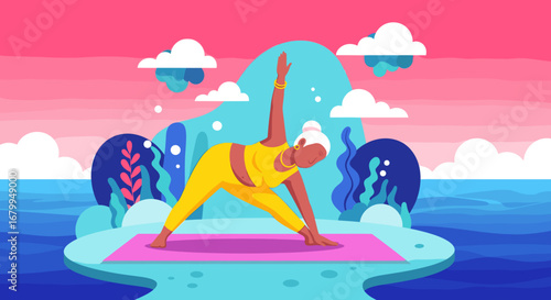 An older woman practices yoga outdoors, demonstrating balance and vitality. Ideal for themes of wellness, active senior lifestyle, and mindfulness.