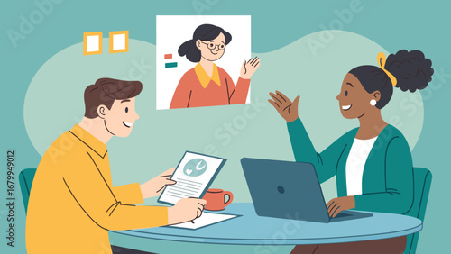 Diverse team collaborating remotely via video call, discussing business strategy and sharing innovative ideas in a modern office setting.
