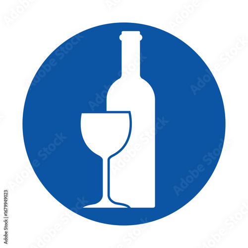 Modern Icon of Wine Bottle and Glass on a Blue Background for Design Use