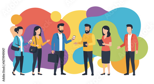 Diverse business people interact, exchange digital information, and network, symbolizing modern communication and collaboration in a vibrant setting. Ideal for technology and corporate concepts.