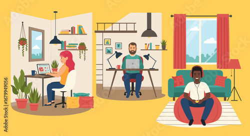 Diverse individuals comfortably work, learn, and relax at home, showcasing the modern remote lifestyle and digital connectivity for business and leisure.