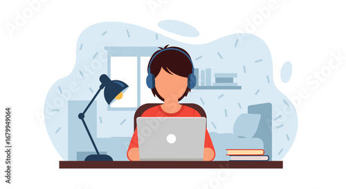 Focused person with headphones using a laptop at a desk, ideal for concepts of remote work, online education, study, and productivity in a modern home office setting.