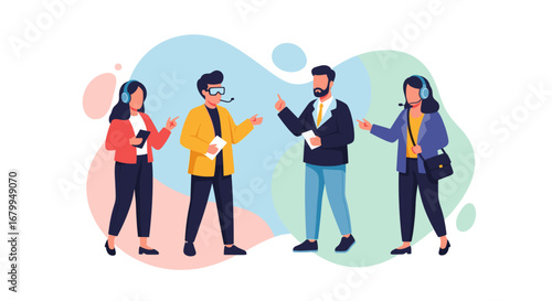 Diverse business team collaborating and communicating, featuring customer service representatives and professionals discussing strategies. Ideal for teamwork concepts.