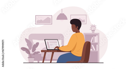 Young Black man working from home on a laptop in a comfortable, modern room. Ideal for remote work, online education, or digital lifestyle concepts.