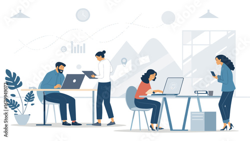 Diverse team of professionals working efficiently in a modern office, utilizing laptops, tablets, and smartphones for business growth and communication.