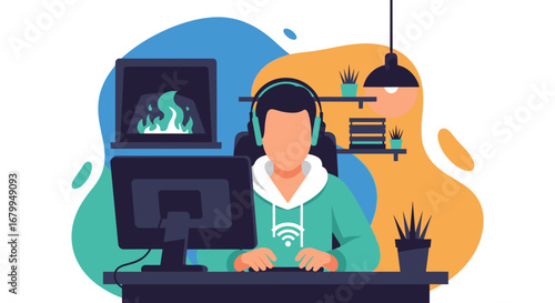 Focused individual in headphones works or plays on a computer in a cozy, modern home environment with a fireplace. Depicts remote work, online learning, or digital lifestyle.