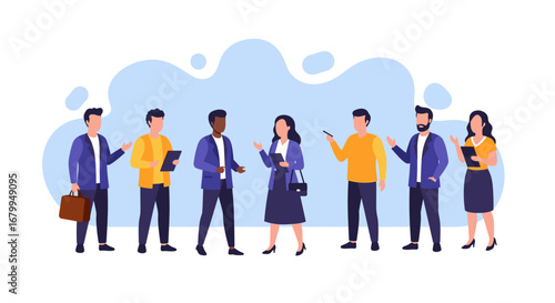 Diverse business professionals engaging in a meeting, discussion, or networking event. Represents teamwork, communication, and corporate collaboration.