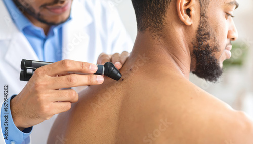 Dermatologist examining mole on man back with dermatoscope, checking for skin cancer or abnormality, close up, healthcare and prevention concept